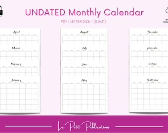 May include: A printable undated monthly calendar in black and white. The calendar is divided into 12 months, with each month displayed on a separate page. The calendar is designed for letter size paper (8.5 x 11 inches).