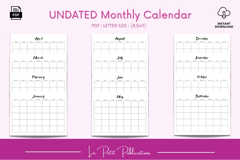 Blank Calendar, Undated Calendar, Printable Calendar, Minimalist Calendar - Etsy