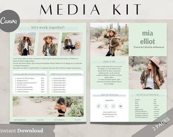 May include: A two-page media kit for a travel and lifestyle influencer named Mia Elliot. The kit includes information about Mia, her collaboration rates, previous partnerships, stats and audience, and contact information. The kit is designed with a green and white color scheme and features photos of Mia in various travel settings.