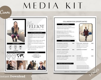 Peut inclure: Une trousse de presse noir et blanc pour une créatrice de contenu nommée Mia Elliot. La trousse comprend des informations sur sa présence sur les médias sociaux, ses données démographiques, ses coordonnées et ses opportunités de collaboration. La trousse comprend également une liste de prix pour différents types de collaborations.