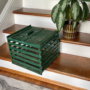 Op de afbeelding: Een groene houten kist met een handvat bovenop staat op de onderste trede van een houten trap. Een kamerplant in een gouden pot staat op de trede boven de kist.