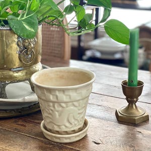 Puede incluir: Una maceta de cerámica color crema con un platillo a juego sobre una mesa de madera. La maceta tiene un diseño texturizado. Un candelabro de latón con una vela verde y una jardinera de latón con una planta verde también están sobre la mesa.