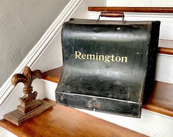 Magnificent Antique Metal Remington Typewriter Cover with Wood Handle   Home Bar Treasure!