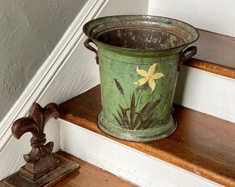 Gorgeous Green Tole Painted Rustic Wastebasket or Even a Planter!