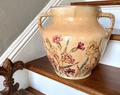 Large Antique Ironstone Double Handled Floral Transferware Ewer Gilt Trim Farmhouse Patina For Days