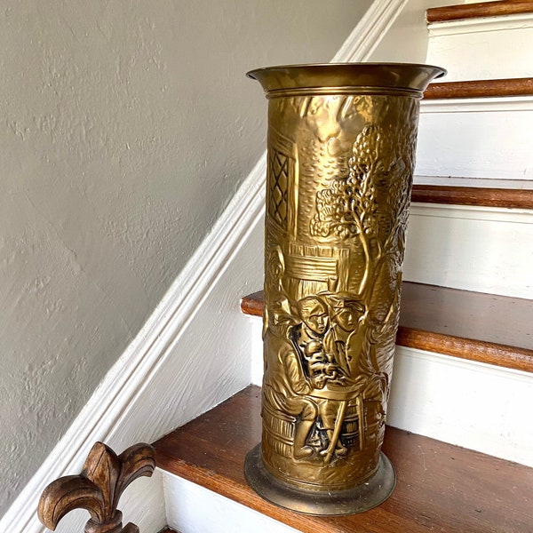Tall Vintage English Brass Repousse Umbrella Stand    Classic and Timeless!