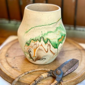 Large Nemadji Pottery Vase: Orange & Green Swirl Design