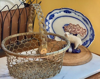 Magnificent Vintage Brass Wire Harvest Gathering Basket or Market Basket