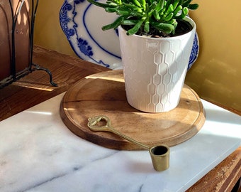 May include: A succulent plant in a white ceramic pot with a hexagonal pattern. The pot is sitting on a wooden cutting board with a brass spoon.