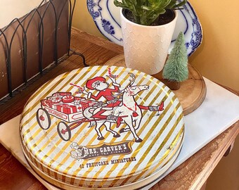 Fun Holiday Mrs. Carvers Fruitcake Tin   Stand Up or Lie Flat and Use Under Your Tabletop Tree or as a Plateau on the Buffet!