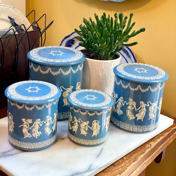 Beautiful Set Blue Mid Century Wedgwood Style Canisters     So Versatile!