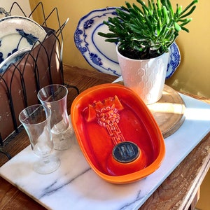 Magnificent Orange Hyde Park Mid Century Style Flame Ashtray with Monogram and Lion      Vintage Porch or Home Bar Beauty