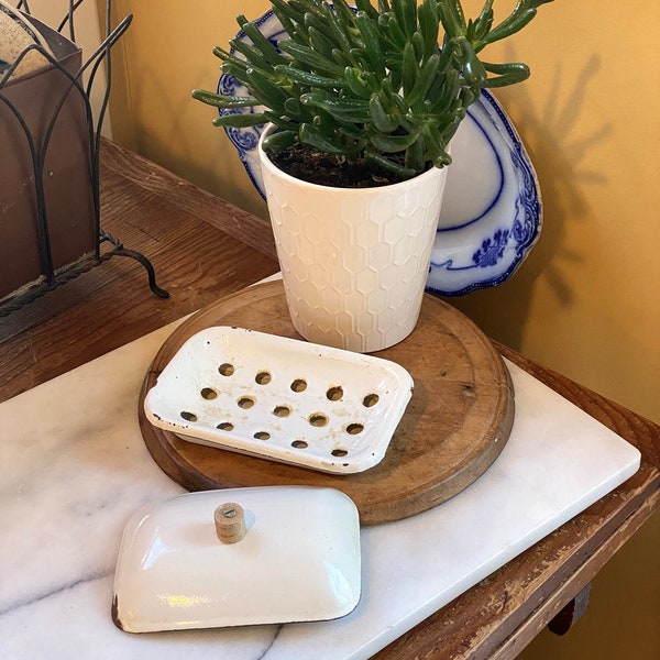 Beautiful Antique Enamelware Soap Dish   That Yummy Patina!!