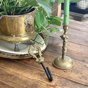 May include: A brass planter with lion head ring handles and claw feet containing a green plant, a tall brass candlestick with a green taper candle, and a brass-handled black metal hook, all arranged on a wooden surface.
