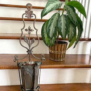Op de afbeelding: Een antieke metalen wandplanter met sierlijke krullen en een kleine, verouderde emmer. Daarnaast staat een potplant met grote groene en zilveren bladeren in een goudkleurige, geribbelde pot. De scène speelt zich af op houten trappen.