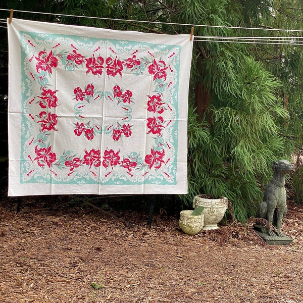 Vintage Teal & Red Square Tablecloth with Magnificent Florals