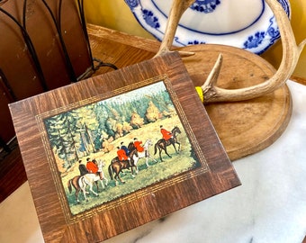 Gorgeous Equestrian Fox Hunt Faux Bois Tin Box     Use as a Box or Stand it Up and it Looks like Artwork!