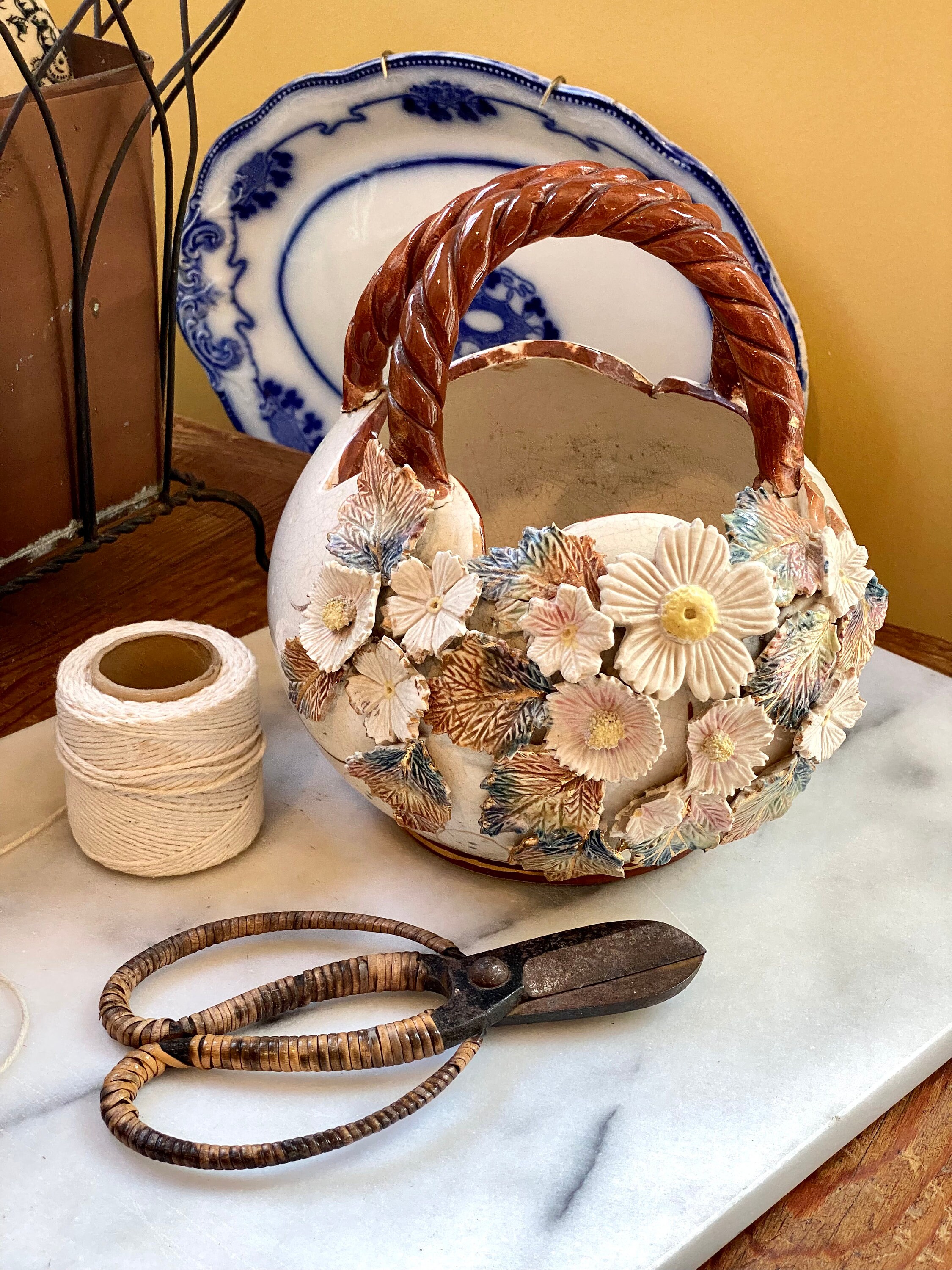 Antique Sand Majolica Basket With Barbotine Flowers - Etsy
