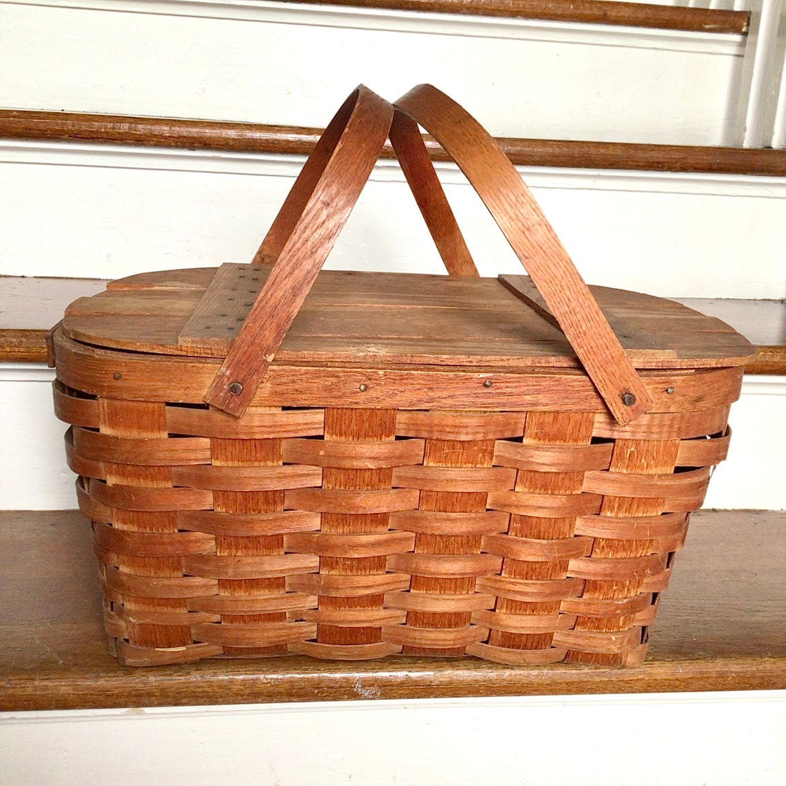 Woven Wood Picnic Basket Great for Pretty Kitchen Storage as Etsy