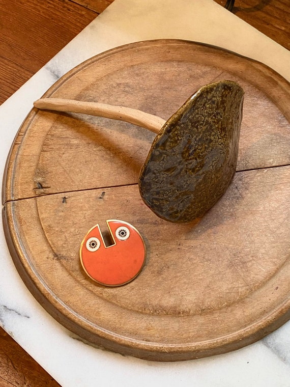 Orange Italian Mid Century Inlaid Enamel Owl Brooc
