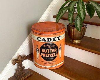 Magnificent Large Orange Cadet Butter Pretzel Tin    Adorable Soldier and Perfect as a Christmas Tree Riser for a Smaller Tree