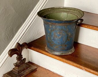 Gorgeous Blue Tole Painted Rustic Wastebasket or Even a Planter!
