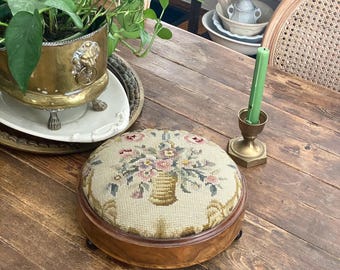 Breathtaking British Antique Needlepoint Stool with Bouquet and Look at that Inlay!