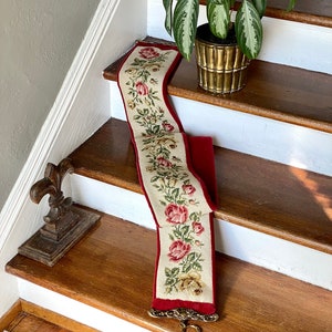 Beautiful Handmade Vintage Needlepoint Bell Pull with Velvet Backing     That Red!!!