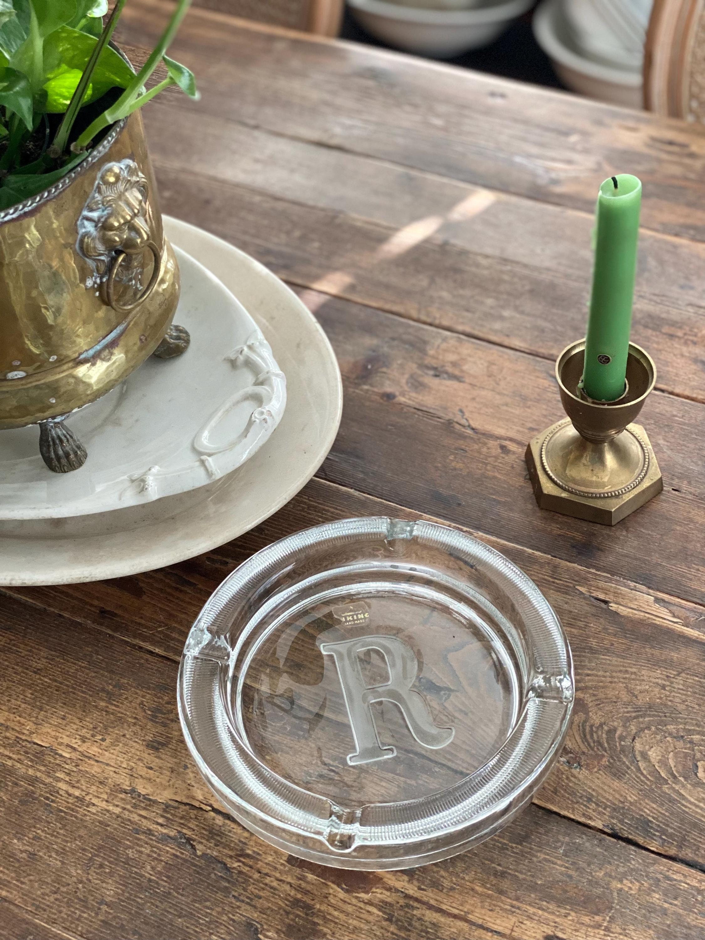 Vintage Viking Glass Ashtray: Monogram Initial R, Home Bar Decor Vintage Viking Glass Ashtray: Monogram Initial R, Home Bar Decor