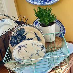 May include: A collection of vintage blue and white plates, some with floral and leaf patterns, displayed in a light green wire dish rack. A small potted succulent sits on a wooden surface, adding a touch of greenery.