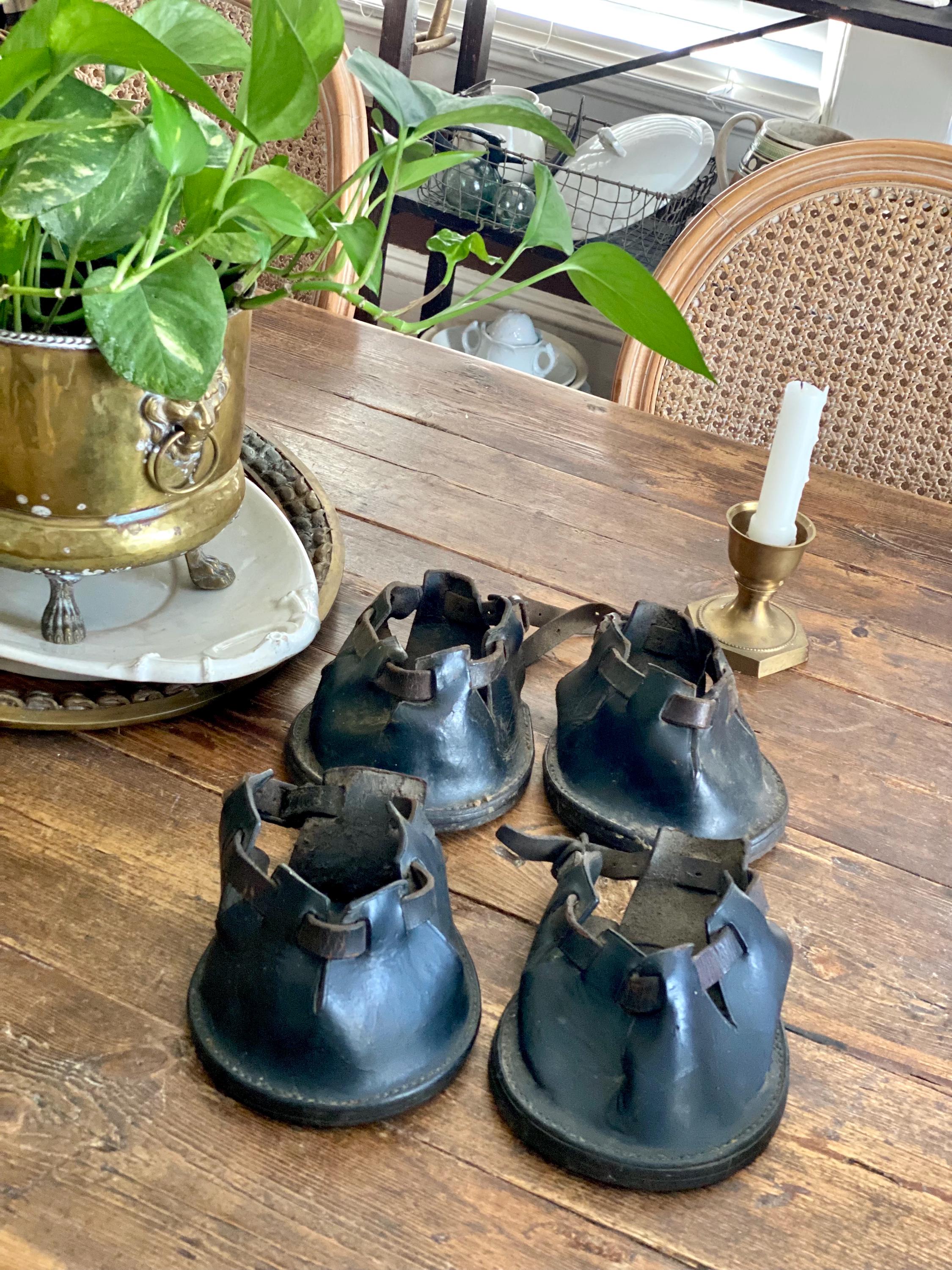Rare Fabulous Antique English Leather Horseshoes Hoof Covers for