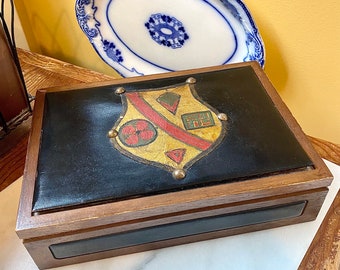 Black Leather and Wood SWANK Jewelry Box with Shield