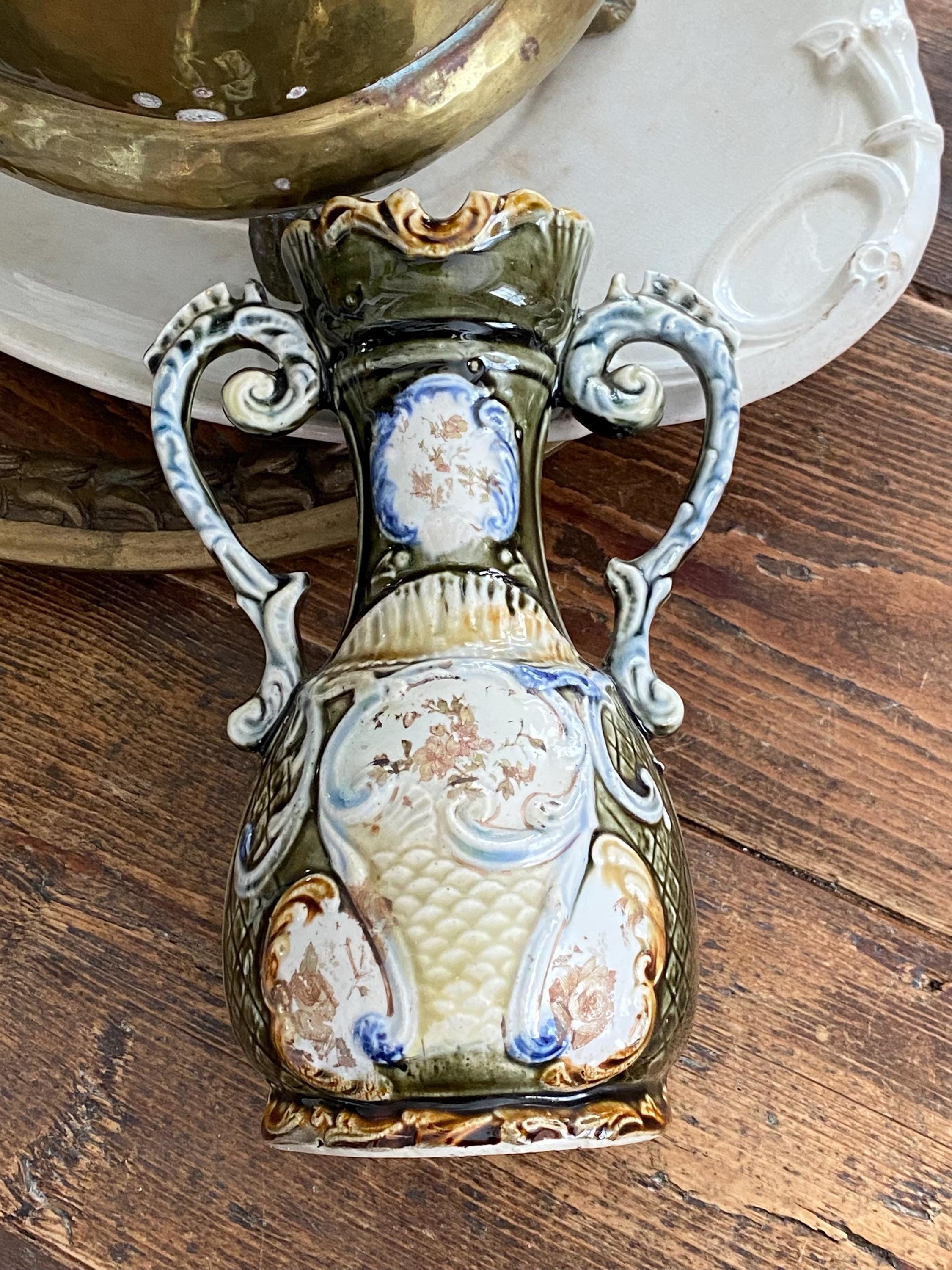 Majolica Double Handled Vase Fabulous Color and Details - Etsy Israel