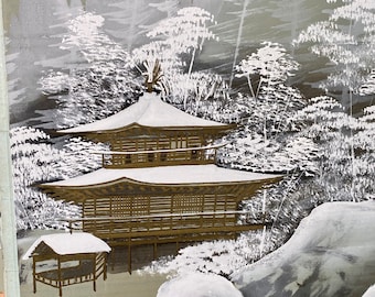 Vintage Oriental Screen: Four Panel Asian Winter Scene