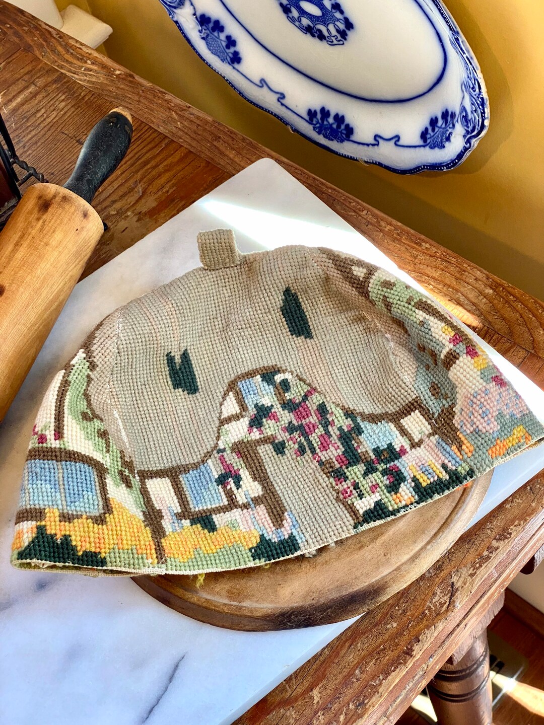 Magnificent Colorful English Cottage Needlepoint Tea Cozy Antique