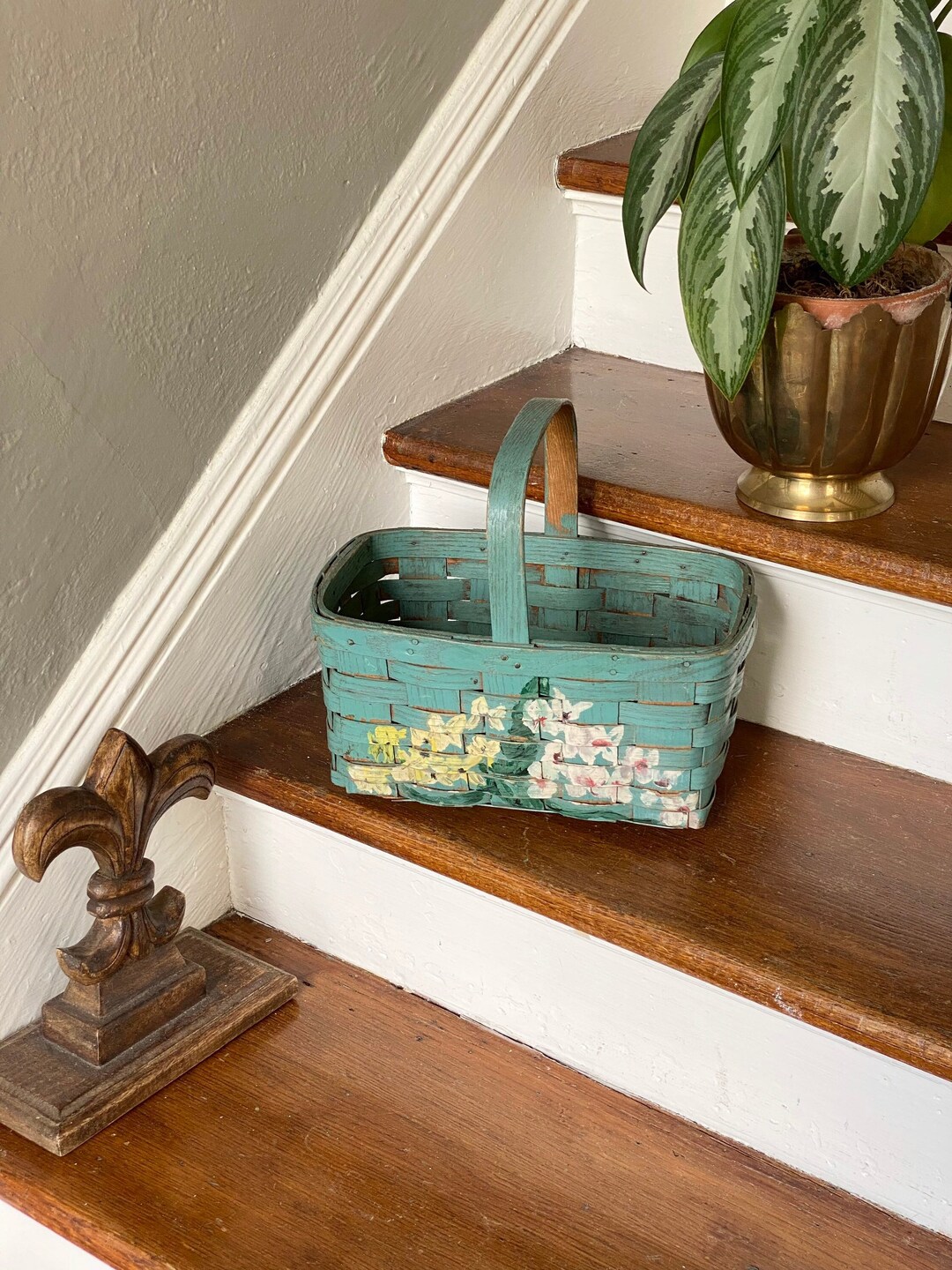 Fabulous Teal Harvest or Gathering Basket With Painted Flowers Etsy