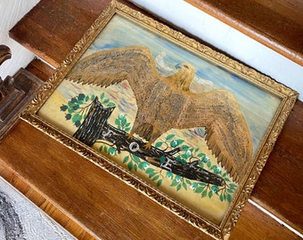 レア！60s〜70s アメリカアンティーク鷲イーグル油彩絵画　USAヴィンテージ ヴィンテージのイーグルス友愛会絵画：サイン入りアメリカーナアート