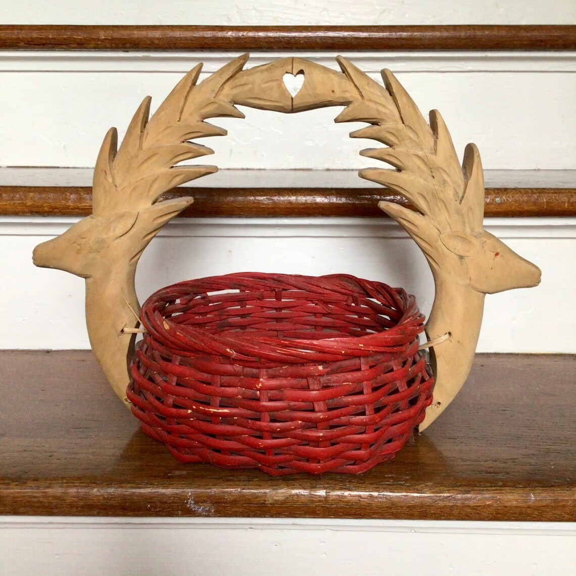 COTTAGE DECOR Red Basket with Deer Handles Etsy