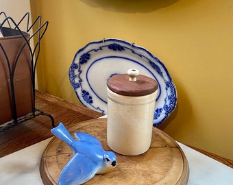 Gorgeous Antique English Stoneware Crock with Wood Lid and Porcelain Handle   European Farmhouse Must Have!