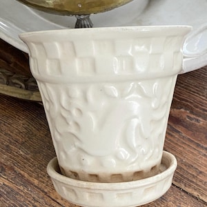 May include: Cream-coloured ceramic flower pot with a matching saucer. The pot has a textured design with embossed floral patterns and a square pattern around the rim. The pot sits on a wooden surface.