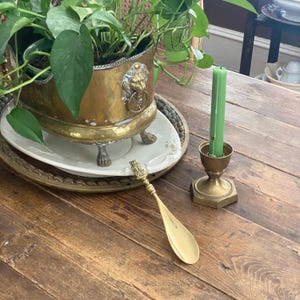 May include: A brass shoe horn with a decorative handle, a green candle in a brass candlestick, and a brass planter with a lion's head detail, all on a wooden table. A white plate and a plant are also visible.