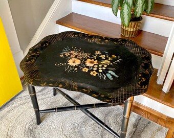 Vintage Toleware Handpainted Tray/Gold Floral Painted Metal Tray 