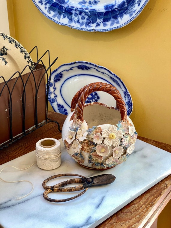 Antique Sand Majolica Basket With Barbotine Flowers - Etsy