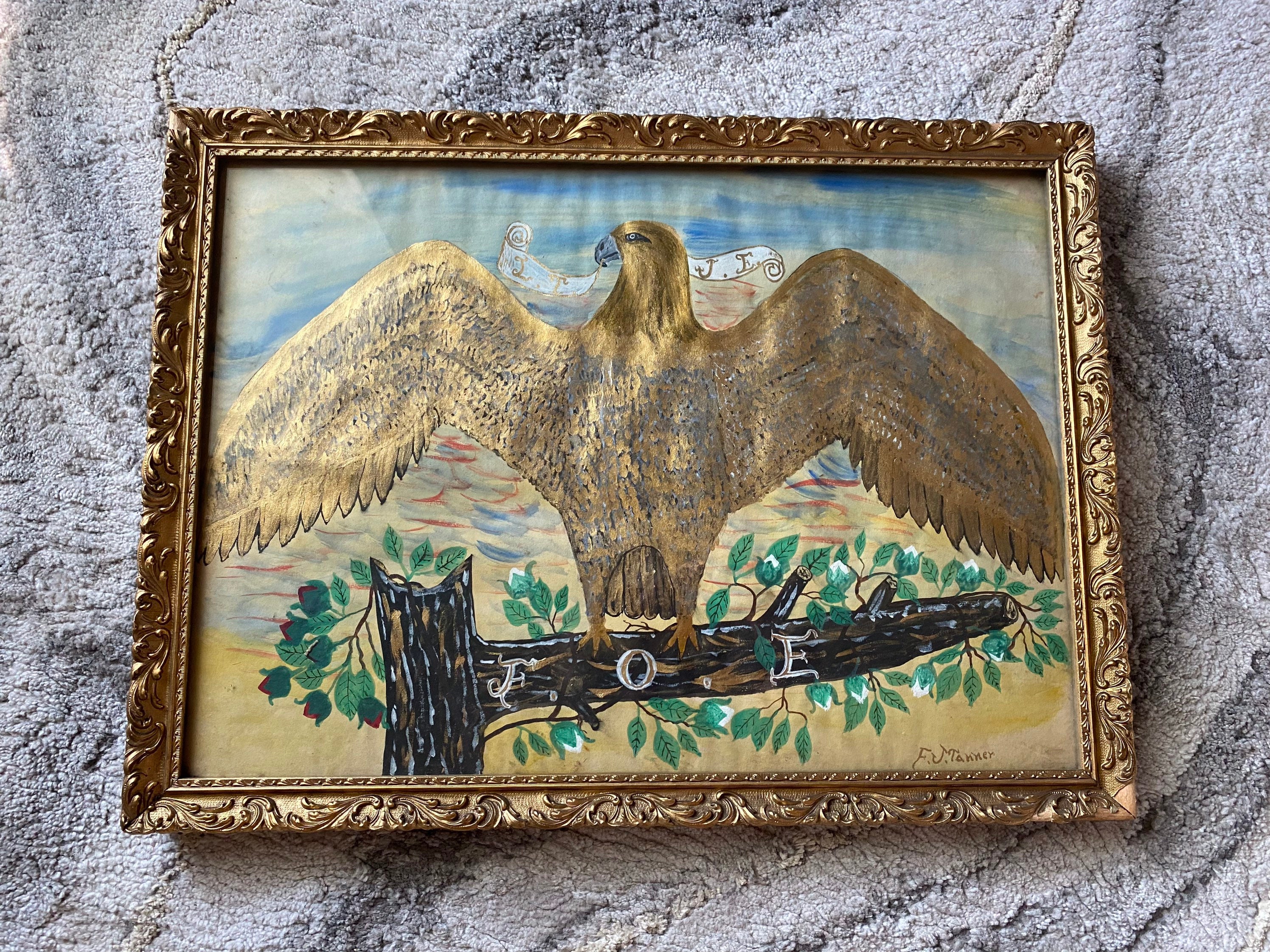 ヴィンテージのイーグルス友愛会絵画：サイン入りアメリカーナアート