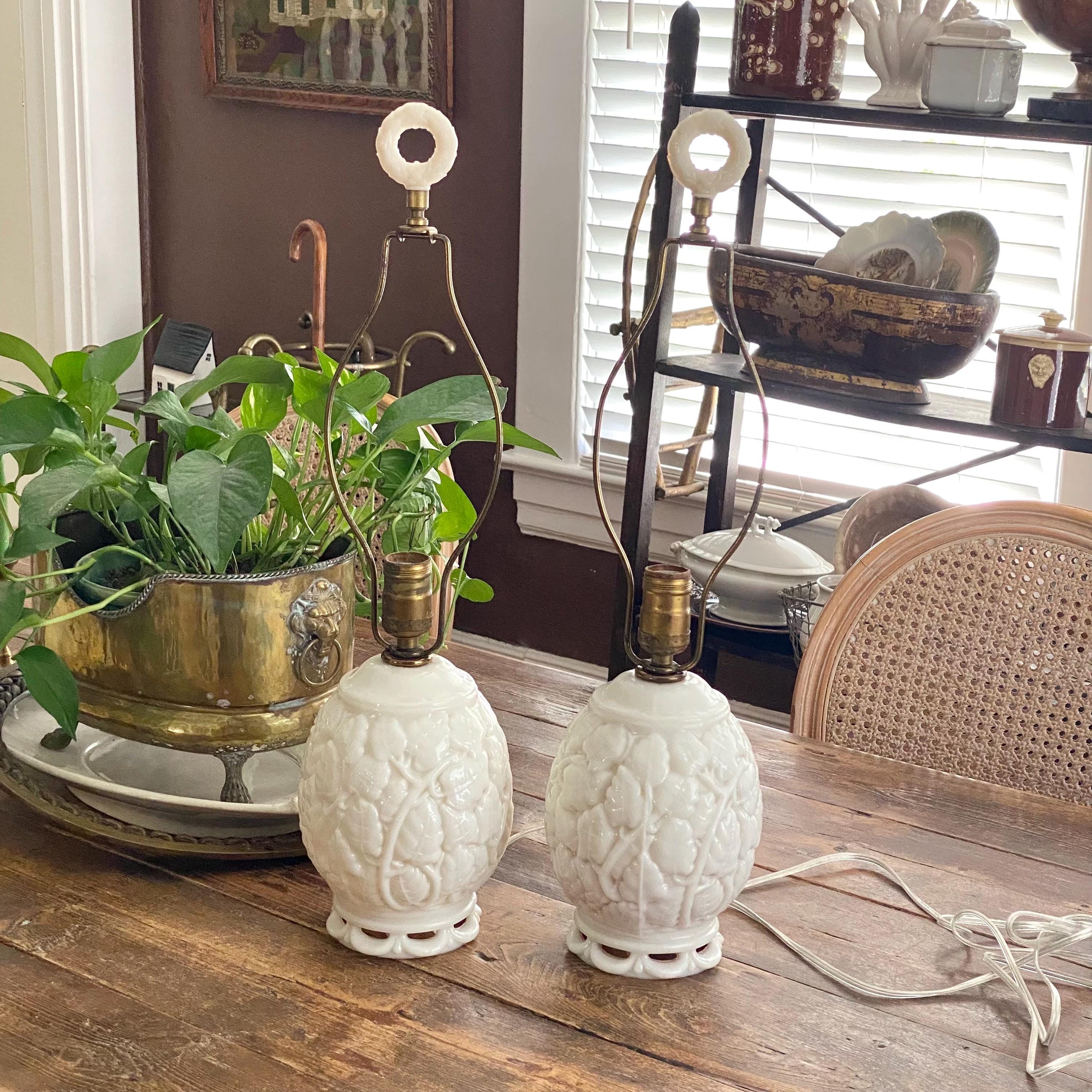 Antique Aladdin Alacite Milk Glass Table Lamps With Oak Leaf