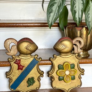 Pair Gold Metal Mid Century Coat of Arms Wall Decor   Love the Pop of Color!