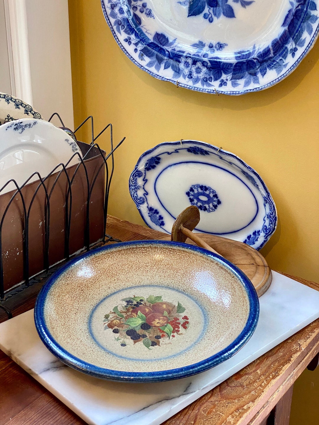 Vintage Monroe Salt Works Blue Rim Serving Bowl Salt Glazed