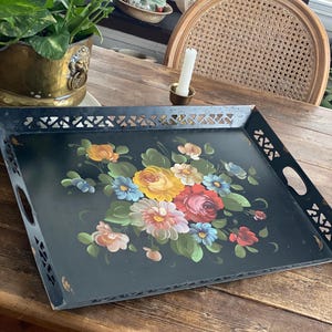 Gorgeous Black Hand Painted Floral Tole Tray    Those Fabulous Brushstrokes!!