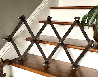 Antique Victorian Accordion Hat Rack with Porcelain Accents