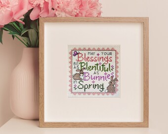 Blessings Cross Stitch Pattern - Bunny Cross Stitch PDF  - Spring Cross-Stitch Pattern - Easter Cross Stitch PDF - Tranquilitree Patterns